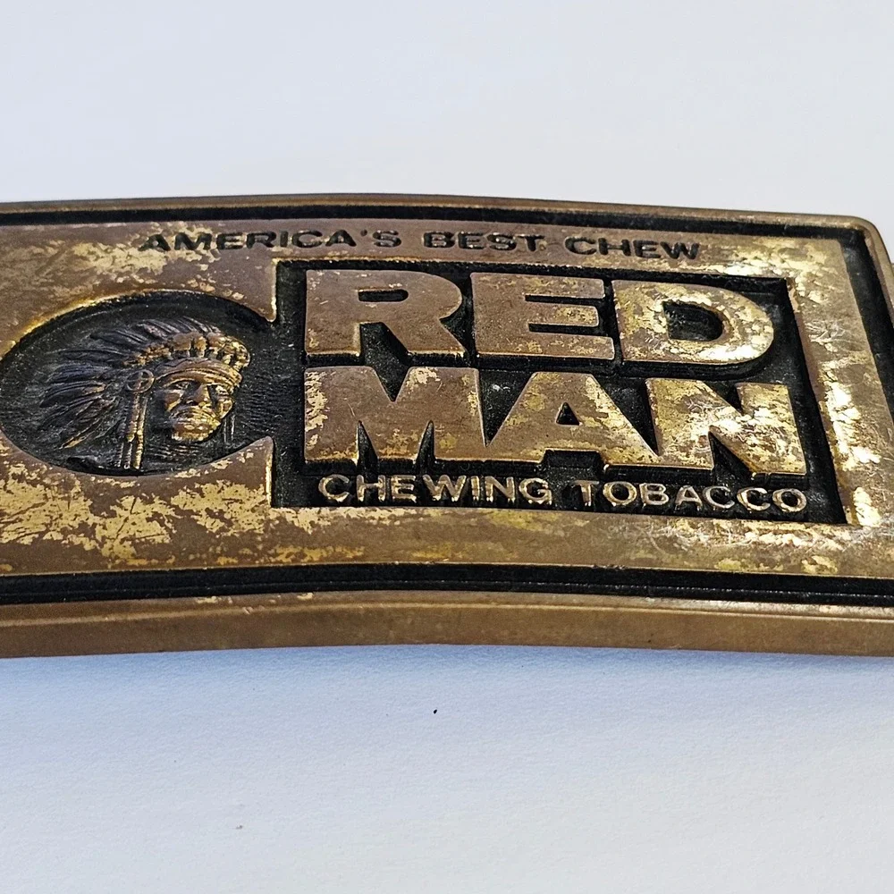 Vintage Red Man‎ Chewing Tobacco Belt Buckle Solid Brass Made in USA Americana